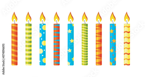 Set of vector beautiful different candles for the cake on white backgroud. Set of candles for birthday cake