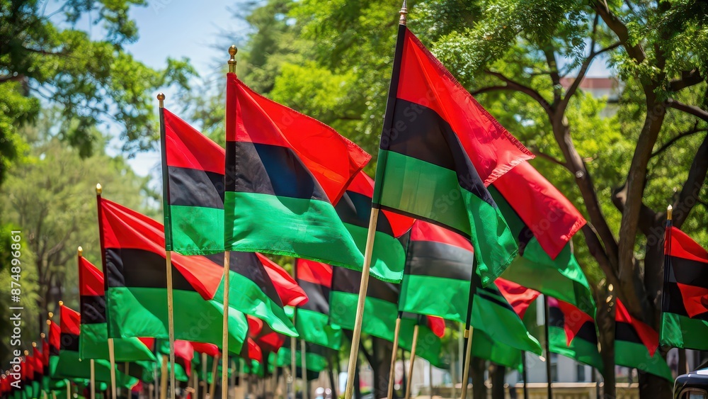 ภาพประกอบสต็อก Red, black, and green flags waving at a event