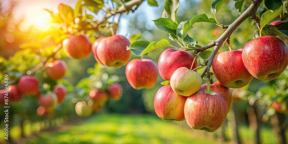 Organic apples hanging from a tree branch in an apple orchard, fresh, ripe, organic, apples, hanging, tree branch, orchard Organic apples hanging from a tree branch in an apple orchard, fresh, ripe, organic, apples, hanging, tree branch, orchard
