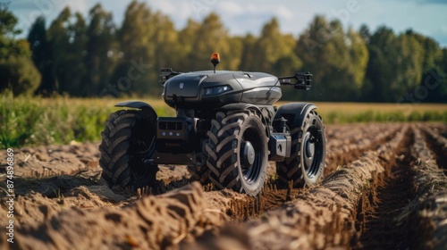 A self-driving tractor working autonomously in a cultivated field with a backdrop of trees.