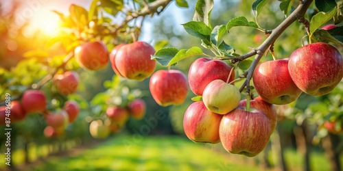 Organic apples hanging from a tree branch in an apple orchard, fresh, ripe, organic, apples, hanging, tree branch, orchard