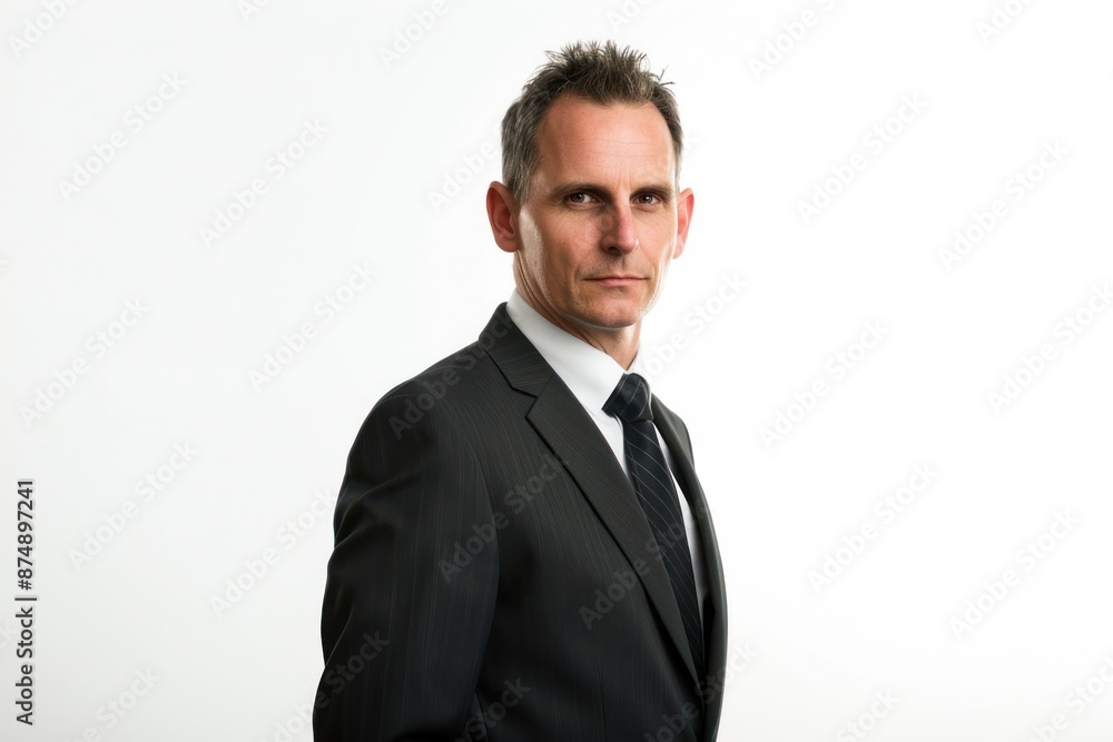 Hotel manager giving feedback to staff, dressed in a suit and tie, looking authoritative and confident, Portrait half-body, hyper-realistic, high detail, photorealistic, white background, studio Hotel manager giving feedback to staff, dressed in a suit and tie, looking authoritative and confident, Portrait half-body, hyper-realistic, high detail, photorealistic, white background, studio