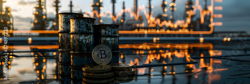 petrochemical industry and oil and gas energy sector petrodollar agreement to BTC bitcoin and crypto, crude oil barrels production and commodity trading investment data charts wide banner