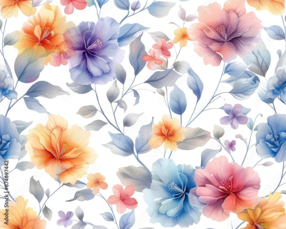 Delicate vine flowers in soft pastel colors, flowing naturally on a bright white background, seamless fabric pattern Delicate vine flowers in soft pastel colors, flowing naturally on a bright white background, seamless fabric pattern