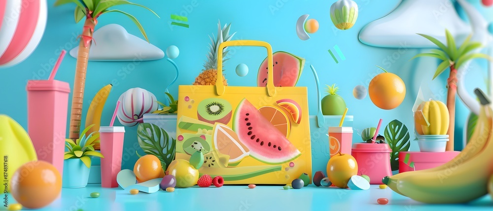 Colorful fruit bag with tropical summer theme. Colorful fruit bag with tropical summer theme.