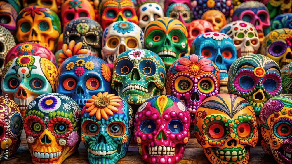 of Day of the Dead festival with colorful sugar skull designs, Day of the Dead, Mexican, Festival, Sugar Skull of Day of the Dead festival with colorful sugar skull designs, Day of the Dead, Mexican, Festival, Sugar Skull