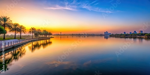 Wallpaper Mural Morning view of Modon Lake in Dammam before sunrise, nature, lake, water, reflection, sunrise, morning, calm, peaceful Torontodigital.ca