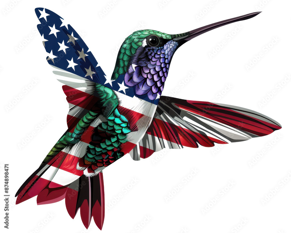 Vibrant illustration of a hummingbird with American flag colors on its wings, symbolizing patriotism and freedom. Vibrant illustration of a hummingbird with American flag colors on its wings, symbolizing patriotism and freedom.