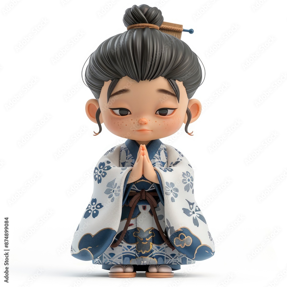 Japanese Boy In Traditional Clothes With Hands Clasped In Prayer, 3D Rendering, Japanese Boy In Traditional Clothes With Hands Clasped In Prayer, 3D Rendering,
