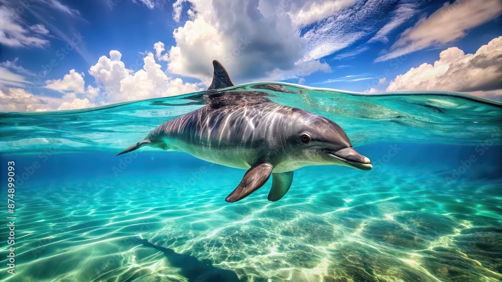 Obraz premium Majestic dolphin swimming gracefully in the crystal clear ocean waters, dolphin, ocean, wildlife, marine, aquatic, mammal