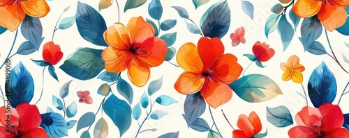 Artistic vine flower fabric pattern with vibrant petals and delicate leaves, set against a bright white background