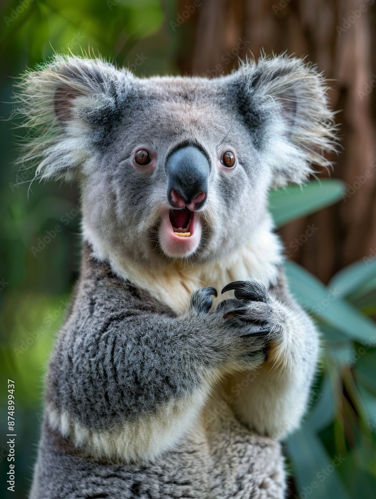 Naklejka premium A very surprised and shocked koala with its mouth open and paws touching its head. Funny inspired animal