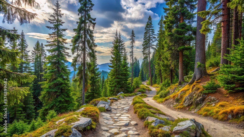 Path winding through rocky terrain and fir trees in a forest landscape, forest, landscape, nature, rocks, fir trees Path winding through rocky terrain and fir trees in a forest landscape, forest, landscape, nature, rocks, fir trees