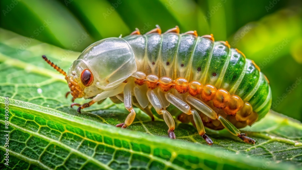 Close-up of a Tortoise beetle larva undergoing metamorphosis, its body elongating, legs and wings emerging, in a lush green leaf environment. Close-up of a Tortoise beetle larva undergoing metamorphosis, its body elongating, legs and wings emerging, in a lush green leaf environment.