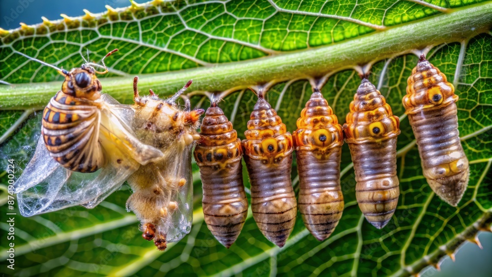 Delicate Satyrid butterfly larvae transform into pupae, attached to underside of leaf, surrounded by intricate veins and natural textures. Delicate Satyrid butterfly larvae transform into pupae, attached to underside of leaf, surrounded by intricate veins and natural textures.