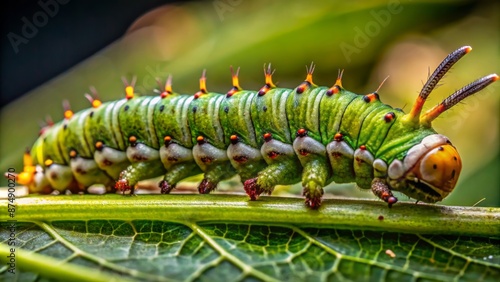 Macro view of a brownish-green satyrid butterfly caterpillar with tiny legs and prolegs feeding on a green leaf's edge. photo