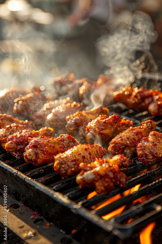 Spicy BBQ Chicken Wings on grill: Close-up of spicy chicken wings on the grill, with vibrant red chili flakes and sauce, steam rising. Spicy BBQ Chicken Wings on grill: Close-up of spicy chicken wings on the grill, with vibrant red chili flakes and sauce, steam rising.