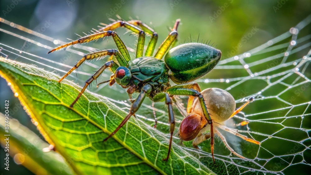 Fototapeta premium Vibrant green crab spider ensnares freshly caught fly in silky web on dew-kissed leaf, contrasting against serene natural surroundings.