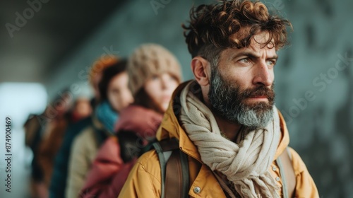 Wallpaper Mural Man with a yellow jacket and scarf standing amongst people, highlighting individuality, warmth, and endurance in a cold weather outdoor environment, captured in a focused frame. Torontodigital.ca