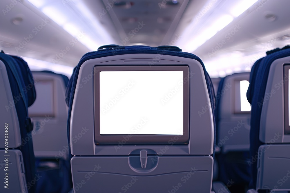 Airplane interior featuring a close-up of a blank in-flight entertainment screen mounted on the back of a seat Airplane interior featuring a close-up of a blank in-flight entertainment screen mounted on the back of a seat
