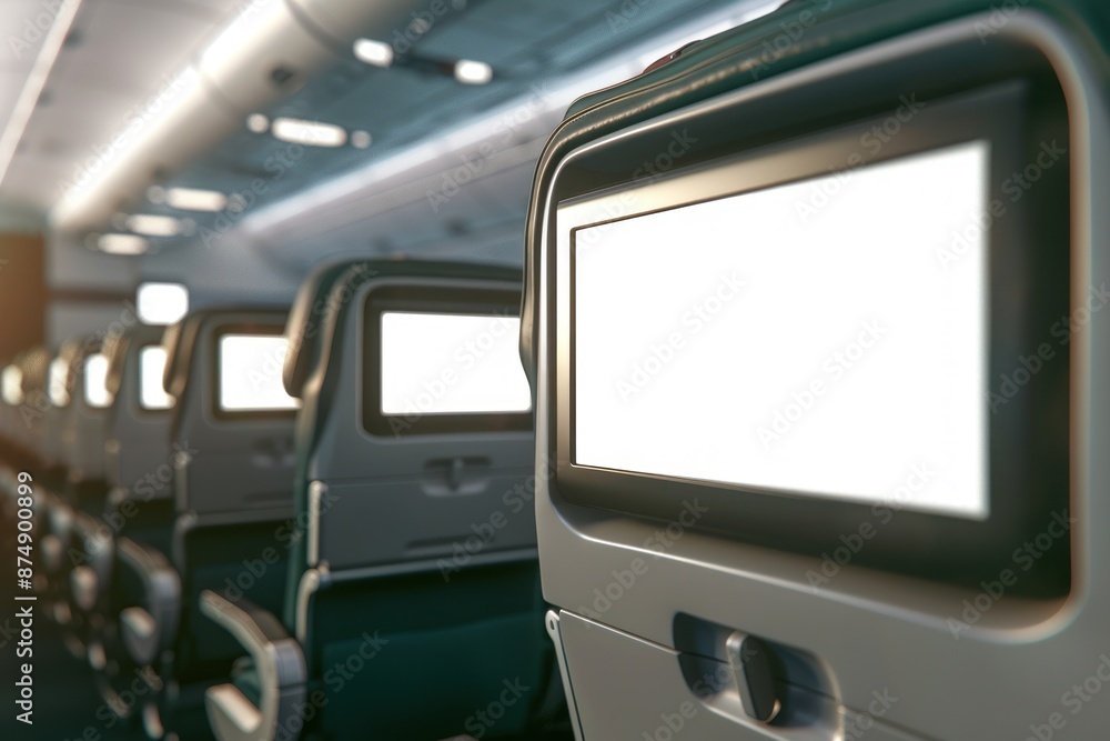 Airplane interior featuring a close-up of a blank in-flight entertainment screen mounted on the back of a seat Airplane interior featuring a close-up of a blank in-flight entertainment screen mounted on the back of a seat