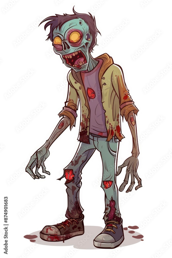 Zombie Cartoon Character Isolated On A White Background, Halloween Theme, Illustration, Detailed And Vibrant Zombie Cartoon Character Isolated On A White Background, Halloween Theme, Illustration, Detailed And Vibrant