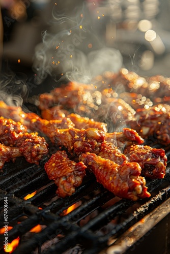 Wallpaper Mural Spicy BBQ Chicken Wings on grill: Close-up of spicy chicken wings on the grill, with vibrant red chili flakes and sauce, steam rising. Torontodigital.ca
