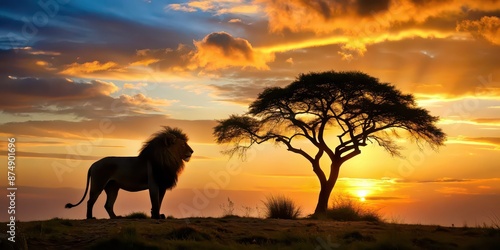 Majestic lion overlooking a tree silhouette in the Serengeti landscape, lion, majestic, tree, silhouette, Serengeti © Sujid