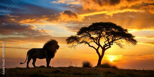 Majestic lion overlooking a tree silhouette in the Serengeti landscape, lion, majestic, tree, silhouette, Serengeti