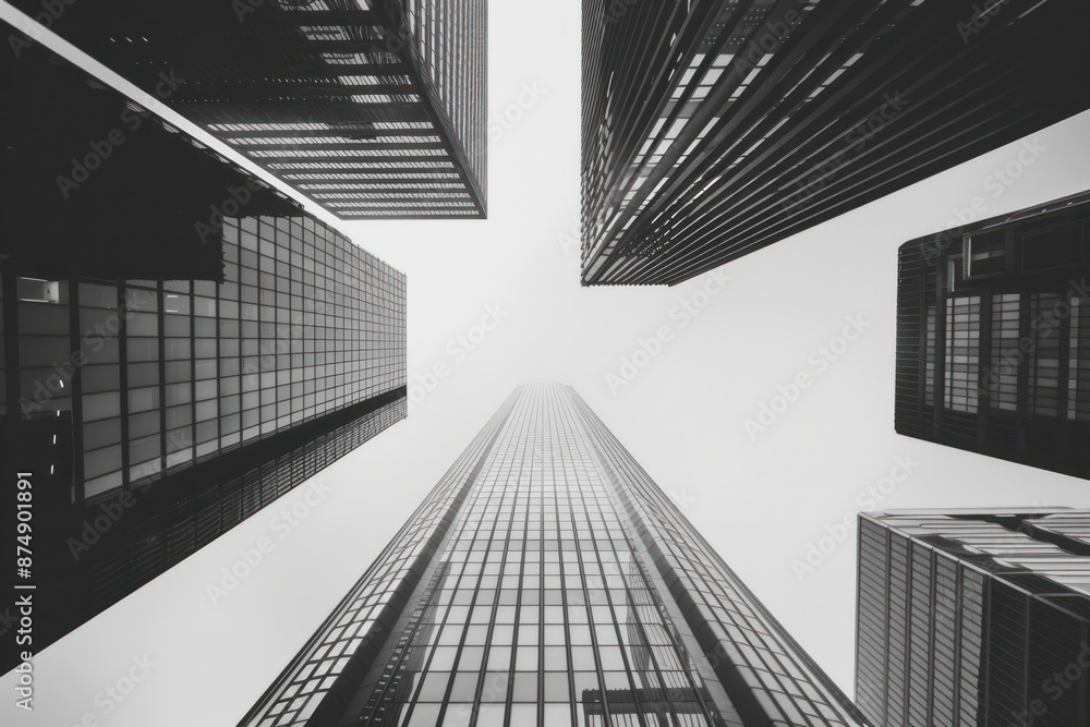 Fototapeta premium Black and white photo of skyscrapers view from below, highlighting symmetry, geometric lines and modern architecture