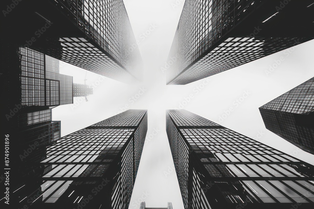 Fototapeta premium Black and white photo of skyscrapers view from below, highlighting symmetry, geometric lines and modern architecture