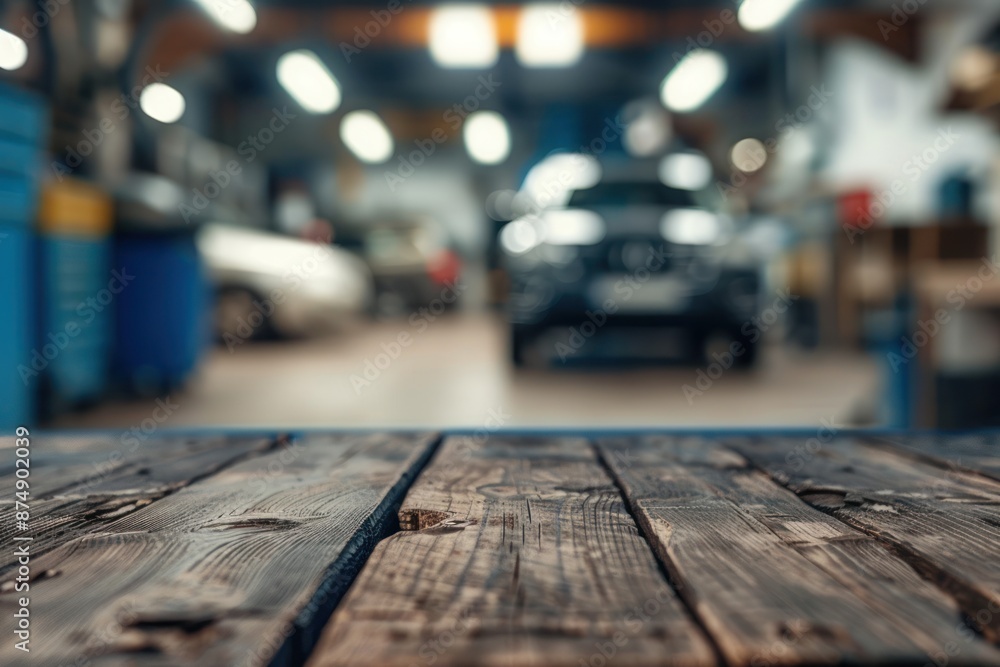 Blurred automotive workshop background with a wooden table in the foreground, perfect for showcasing Blurred automotive workshop background with a wooden table in the foreground, perfect for showcasing