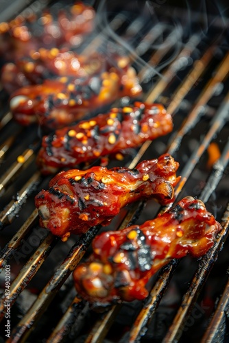 Wallpaper Mural Spicy Chicken Wings on grill: Close-up of spicy chicken wings on the grill, with vibrant red chili flakes and sauce, steam rising. Torontodigital.ca