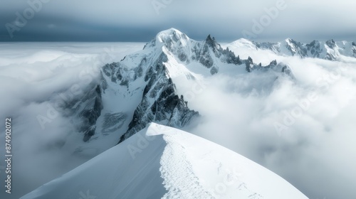 A stunning image of a snow-covered mountain peak, surrounded by clouds, creating a serene and ethereal scene. The crisp white snow and misty clouds add a magical touch. photo