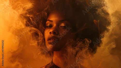 a woman with an afro in the smoke