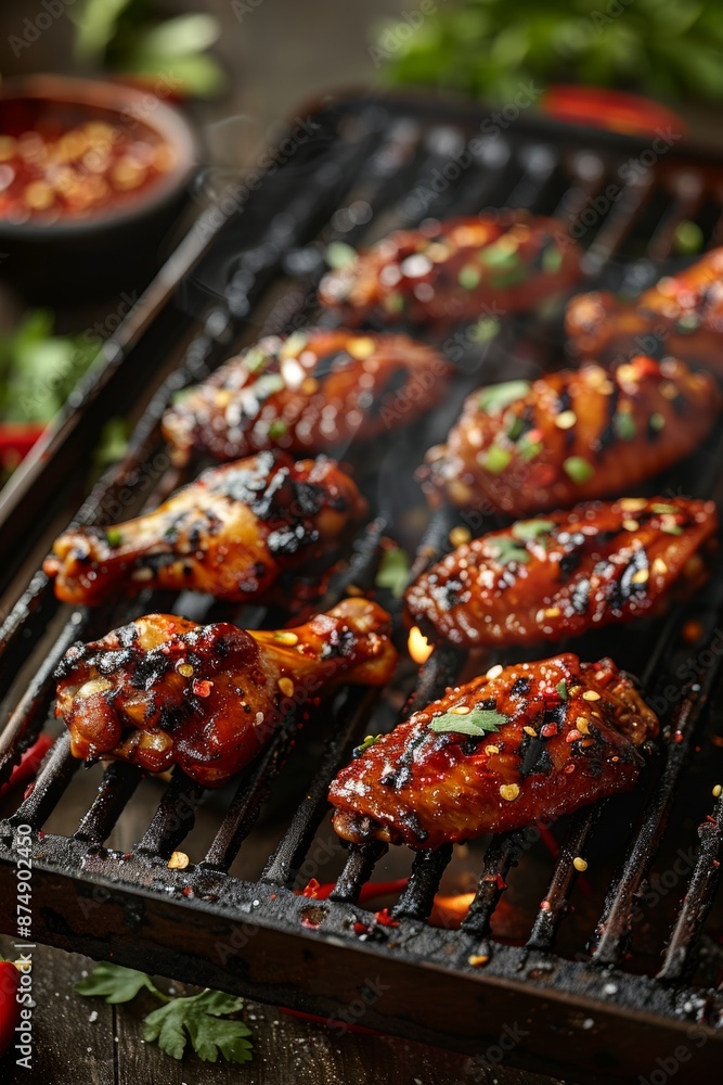 Spicy Chicken Wings on grill: Close-up of spicy chicken wings on the grill, with vibrant red chili flakes and sauce, steam rising. Spicy Chicken Wings on grill: Close-up of spicy chicken wings on the grill, with vibrant red chili flakes and sauce, steam rising.