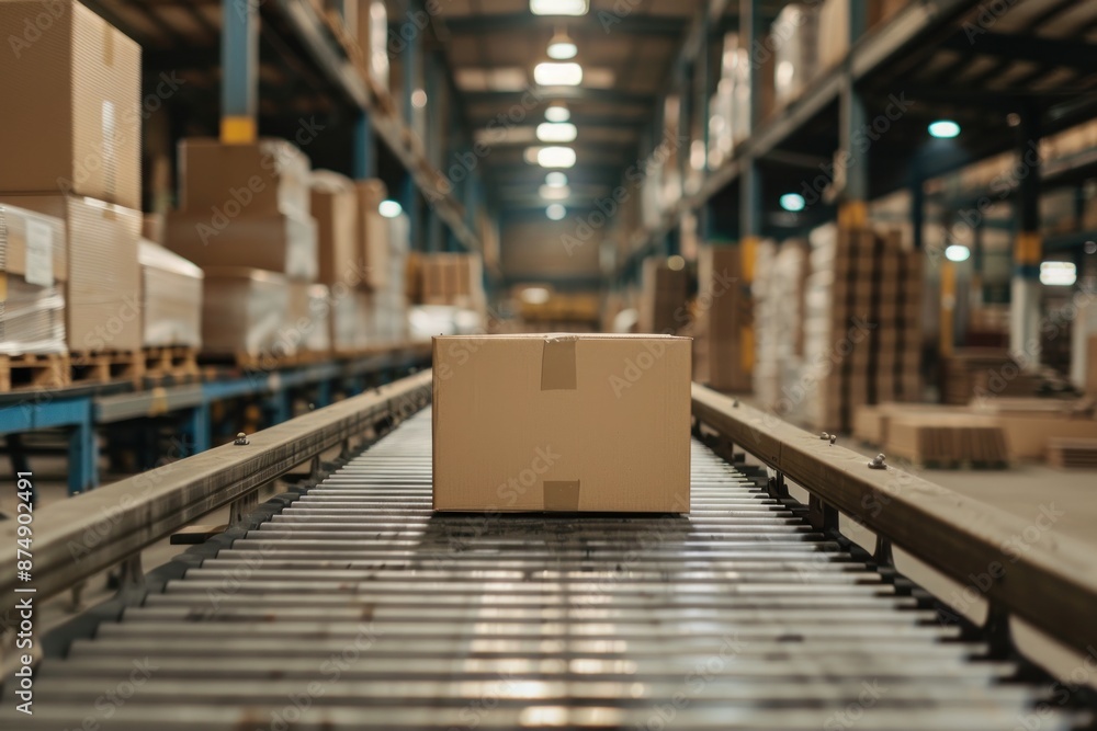 conveyor belt in a packaging warehouse, surrounded by stacks of corrugated cardboard sheets and boxes conveyor belt in a packaging warehouse, surrounded by stacks of corrugated cardboard sheets and boxes