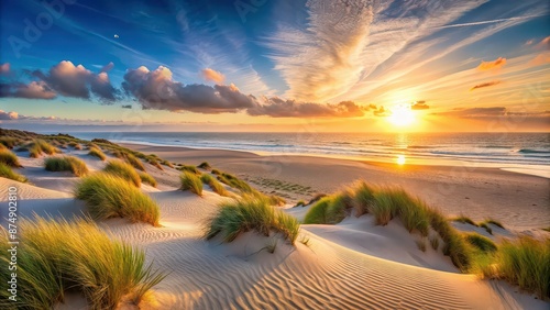 Panorama landscape of sand dunes system on beach at sunrise , sand dunes, beach, sunrise, panorama, landscape, nature, sandy photo