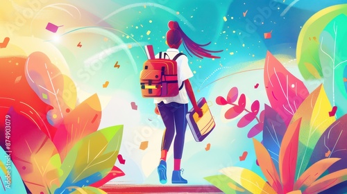 Wallpaper Mural a girl with a backpack walking through colorful plants Torontodigital.ca