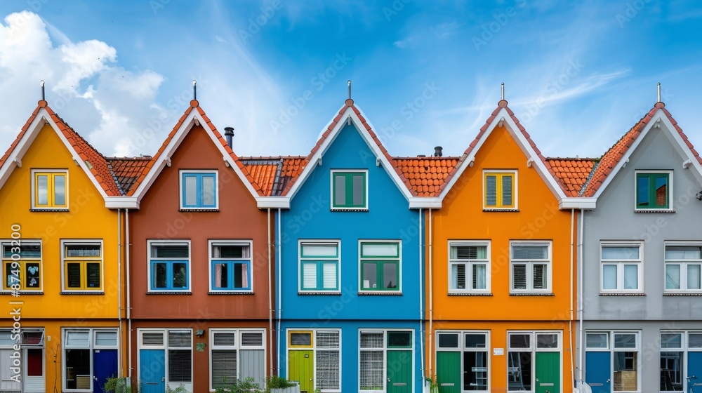Row of colorful houses against the blue sky. Colored architecture showcasing a mix of vibrant colors against a light background, which brings a cheerful modernity to the urban landscape Row of colorful houses against the blue sky. Colored architecture showcasing a mix of vibrant colors against a light background, which brings a cheerful modernity to the urban landscape