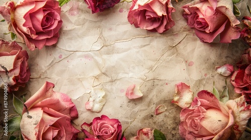 Fototapeta Naklejka Na Ścianę i Meble -  A beautiful arrangement of vintage pink roses on a crumpled, aged paper background, creating a nostalgic and romantic feel.