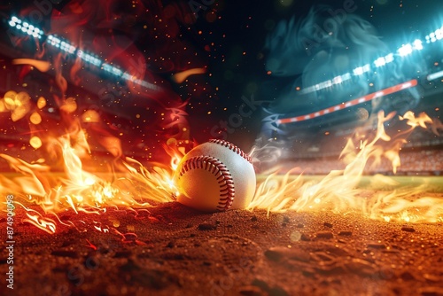 a baseball stadium, ultra realistic baseball bat hitting fire baseball causing explosion between bat and ball, isolated on black background