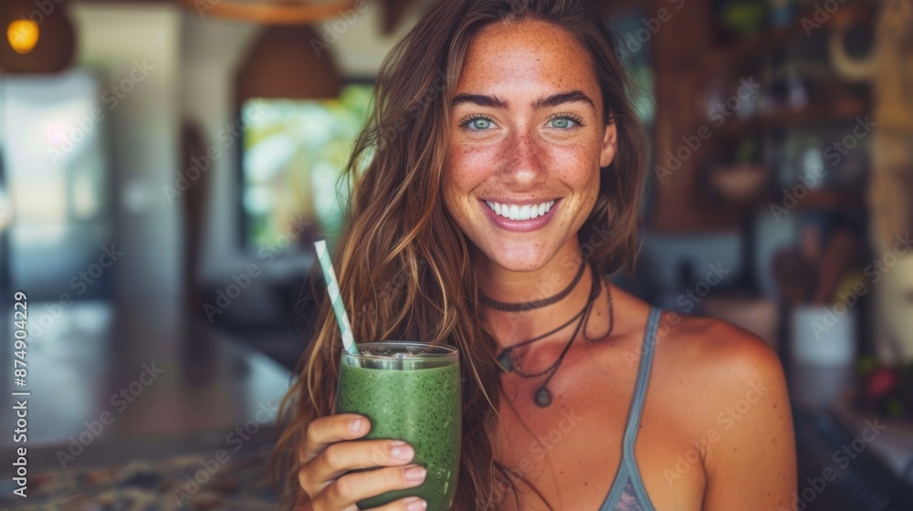 A smiling woman with long hair holds a green smoothie, radiating health and happiness in a bright, cozy kitchen setting.