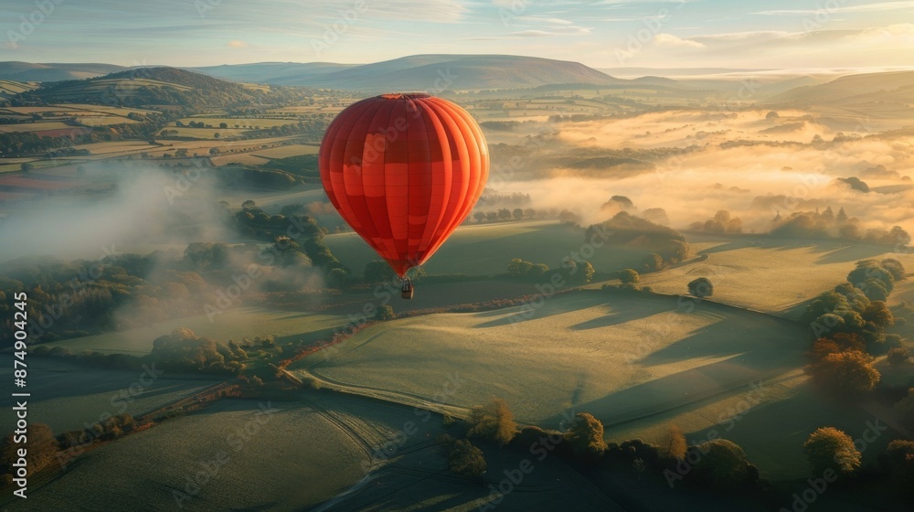 Obraz premium Red hot air balloon flying over scenic landscape with fog, green fields and hills at sunrise. Beautiful travel and adventure concept.
