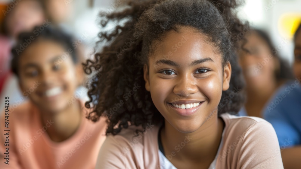 Fototapeta premium Smiling girl with curly hair in a classroom setting, surrounded by peers, depicting a joyful and engaging learning atmosphere.