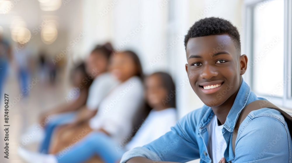 Diverse group of smiling students posing in a school hallway, showing a vibrant and cheerful learning environment. Diverse group of smiling students posing in a school hallway, showing a vibrant and cheerful learning environment.