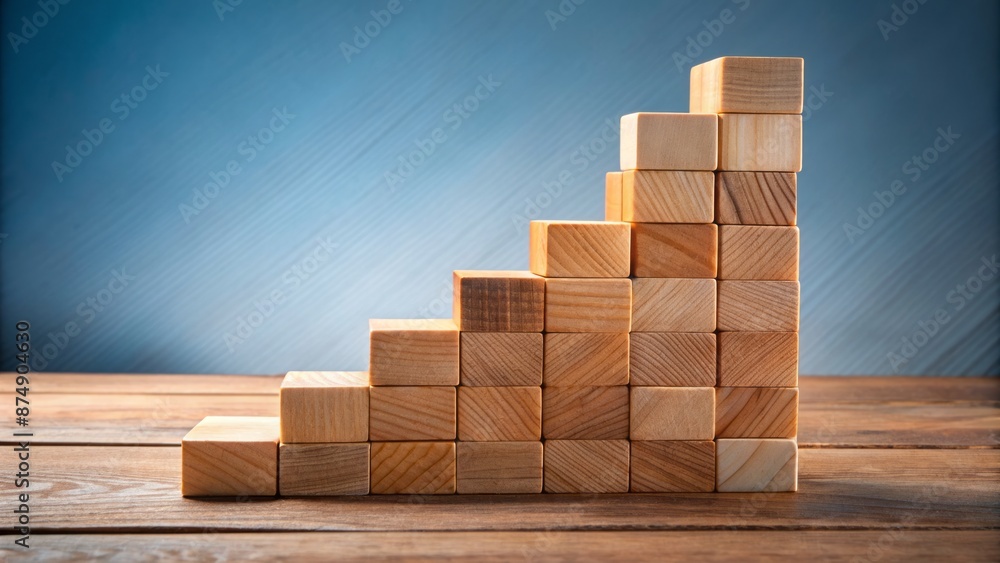 Stacked wooden blocks resembling a stairway symbolize business growth, success, and achievement in a progressive development strategy. Stacked wooden blocks resembling a stairway symbolize business growth, success, and achievement in a progressive development strategy.