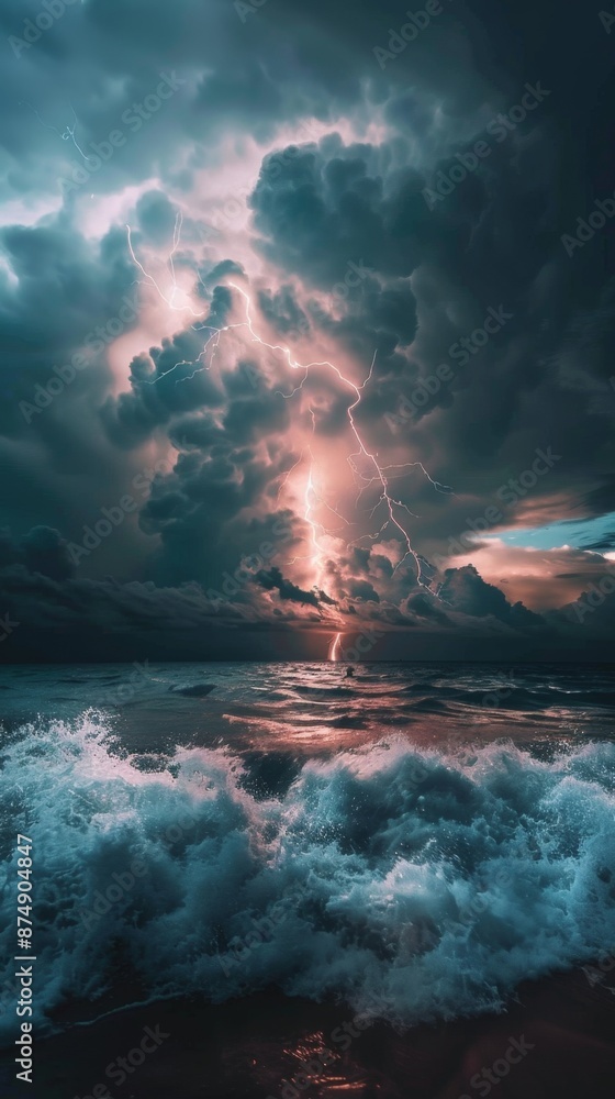 Fototapeta premium Dramatic Thunderstorm with Bright Lightning and Dark Clouds Over the Ocean, Capturing the Power and Beauty of Nature at Night