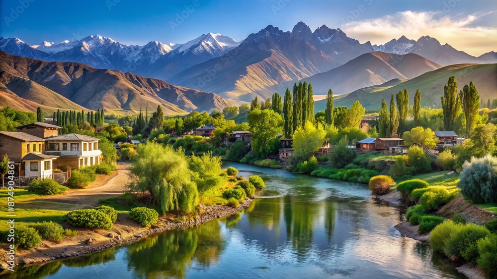 Fototapeta premium Serene Uzbekistan village nestled by tranquil river, enveloped in lush green gardens, with Gissar ridge mountains rising majestically in distance.