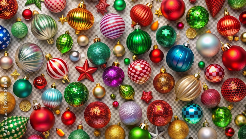 Vibrant assorted festive ornaments in various shapes and sizes scattered on transparent background for holiday design and print materials. Vibrant assorted festive ornaments in various shapes and sizes scattered on transparent background for holiday design and print materials.